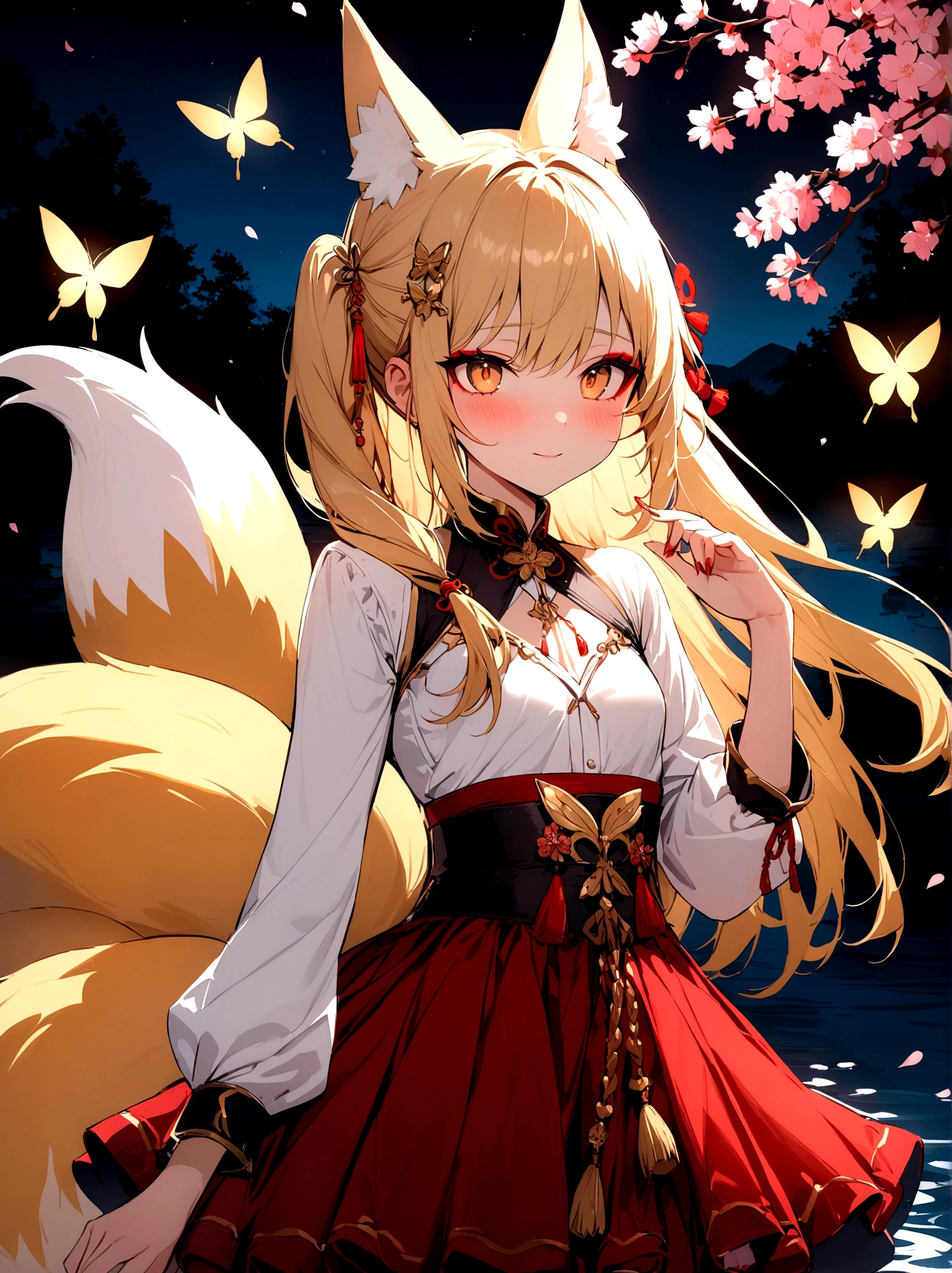 (masterpiece, best quality) junior,detailed, (beautiful,small breasts), blonde,long hair, side ponytail(tied to the left),Hairpin decoration with gold butterfly, elegant, (fox ears),nine tailed fox tail, red eyeshadow, golden eyes, femur，white shirt,free,red skirt,cherry blossom tree lake background,lake illuminated by moonlight,girl,NIGHT,Yandere expression,BLOOD