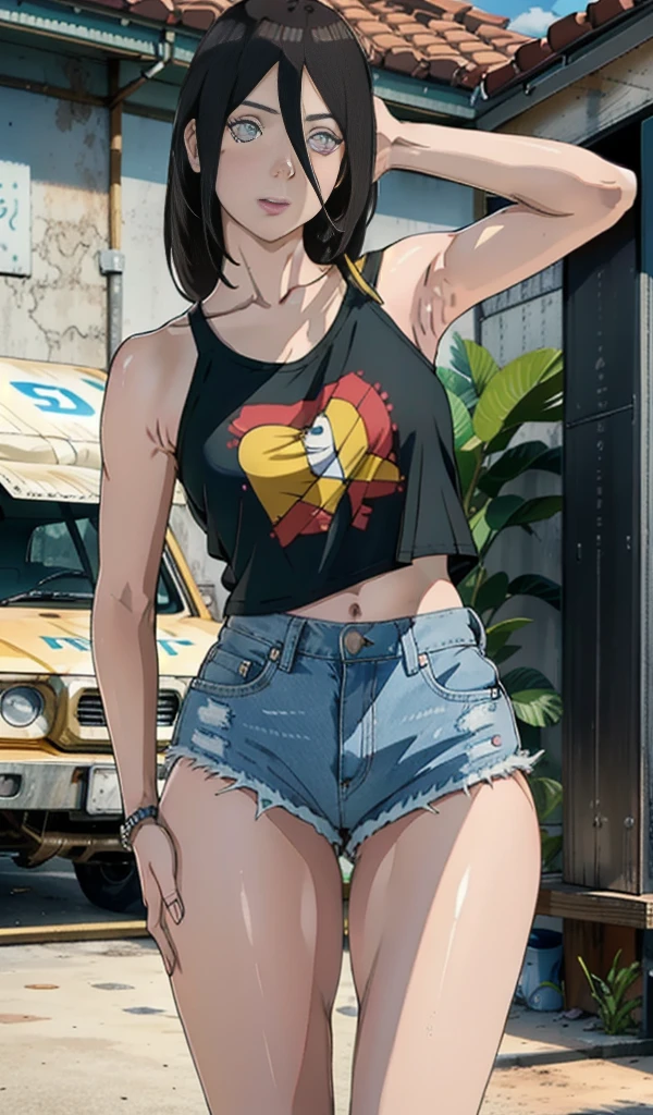 Hanabi Hyuga, very sensual, with funky Lacoste clothes, Oakley Juliet, Brazilian, In Rio de Janeiro city, brazil, dancing funk, rolling, big-ass, legs thick, wearing extremely short denim shorts, showing a piece of ass, Short Micro Shorts,  wearing a mini blouse, umbigo com pirsing, sneakers Nike, longye hair, JBL speaker in the background, favela in the background, periphery in the background, fully body, very realistic, extremely lifelike, extremely sexy, 8K, 8K extremamente detalhado), (an extremely delicate and beautiful), (Masterpiece artwork), (best qualityer: 1.0), (ultra highres:1.0)