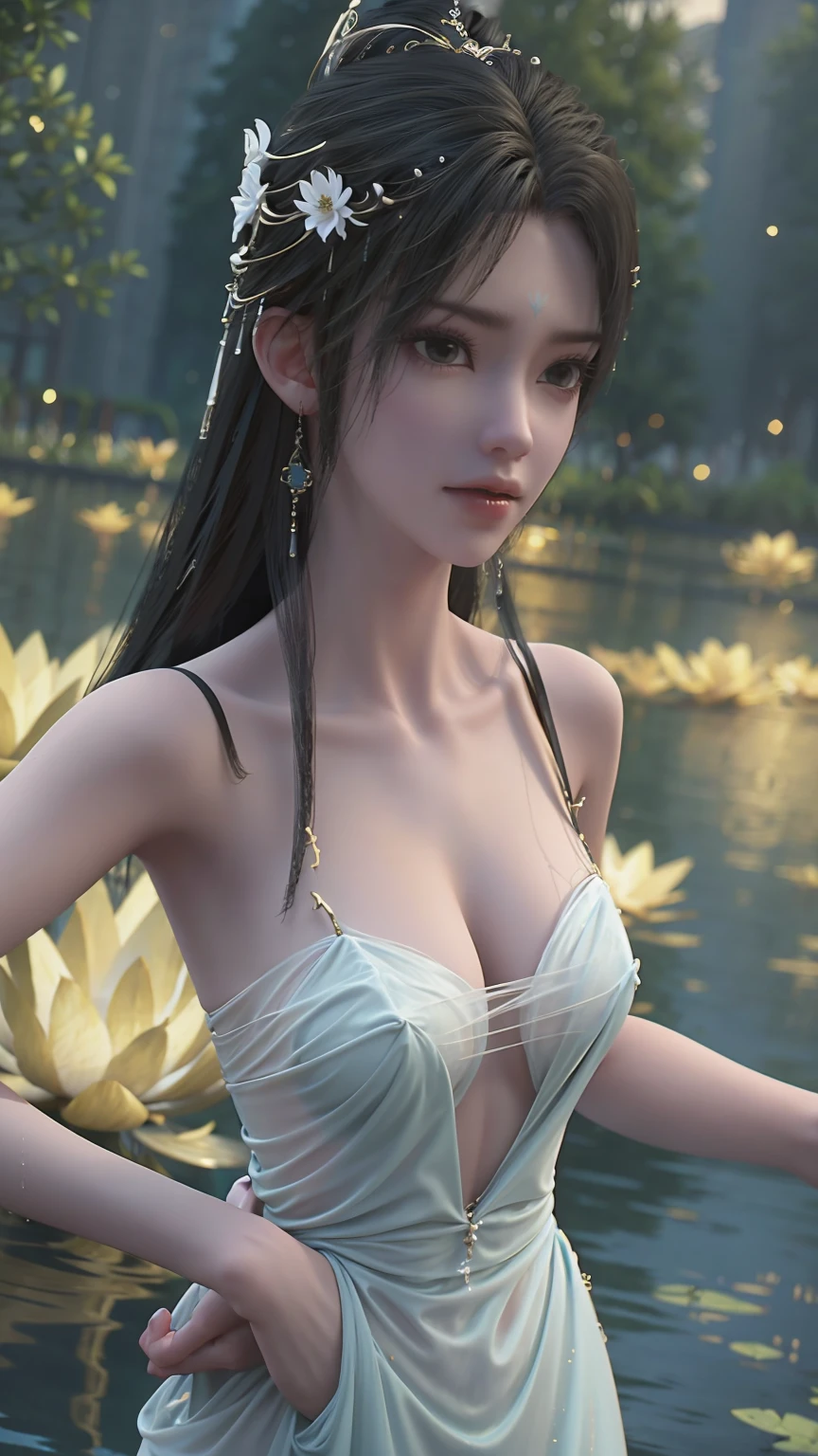 a woman bathing in water, shoulders and above exposed, wearing a sheer silk dress, hands covering chest, glowing golden lotus flowers on the water surface, only shoulders and above visible in the water, wearing a white sleeveless sheer silk nightgown, detailed face, detailed eyes, detailed lips, beautiful detailed eyes, beautiful detailed lips, extremely detailed eyes and face, long eyelashes, high quality, 8k, photorealistic, masterpiece, realistic, vivid colors, studio lighting, physically-based rendering, portrait