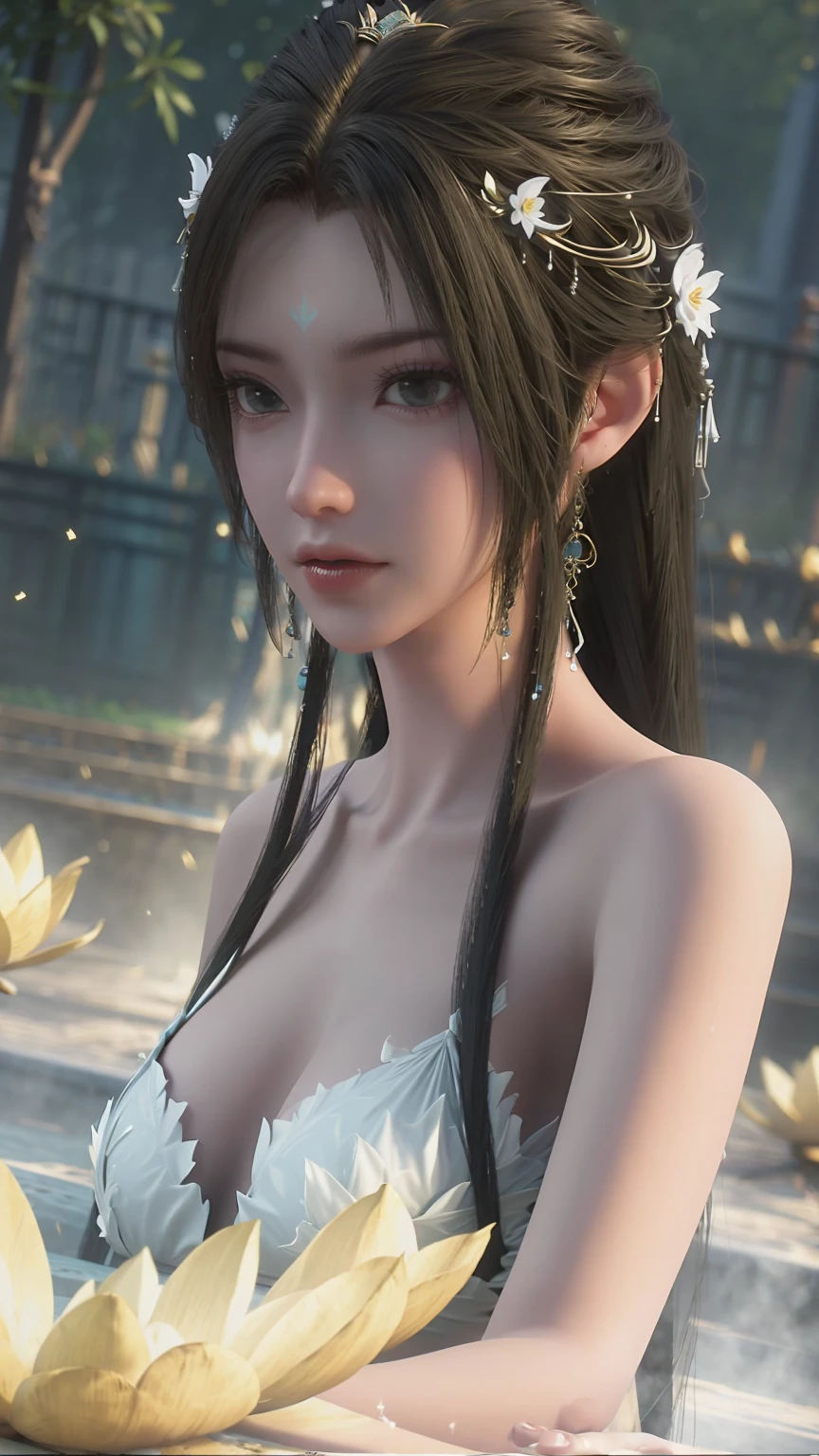 a woman bathing in water, shoulders and above exposed, wearing a sheer silk dress, hands covering chest, glowing golden lotus flowers on the water surface, only shoulders and above visible in the water, wearing a white sleeveless sheer silk nightgown, detailed face, detailed eyes, detailed lips, beautiful detailed eyes, beautiful detailed lips, extremely detailed eyes and face, long eyelashes, high quality, 8k, photorealistic, masterpiece, realistic, vivid colors, studio lighting, physically-based rendering, portrait