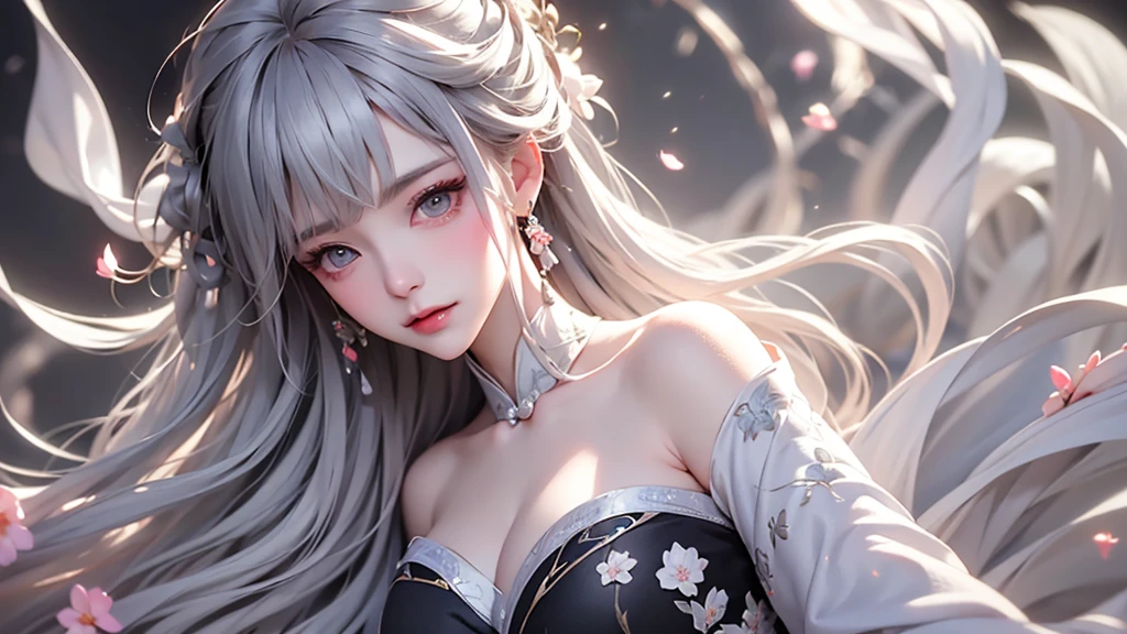 super high quality, masterpiece, Perfect illustration, Very detailed (Exquisite light and shadow, Very dramatic photo,Backlight) , ((Gray Hair:1.5))1 Girl,(( alone:1.6)), (Wearing Han clothes, Black and white Hanfu,Monotony,Long sleeve) Flower Field, Flowers, (White smoke:1.3) (Realistic:1.4), Zen Intertwining, Tangled, Official Art, unity 8k wallpaper, Very detailed, Beautiful and beautiful, masterpiece, Highest quality, (Dynamic Angle: 1.4), Glowing Skin, (Floating colorful flashes: 1) The most beautiful chaotic shapes, elegant, Brutalist Design, Bright colors, Romantic Depth of Field Exotic_dance, half_naked、（Expose your shoulders、Ample breasts、Beautiful cleavage）
