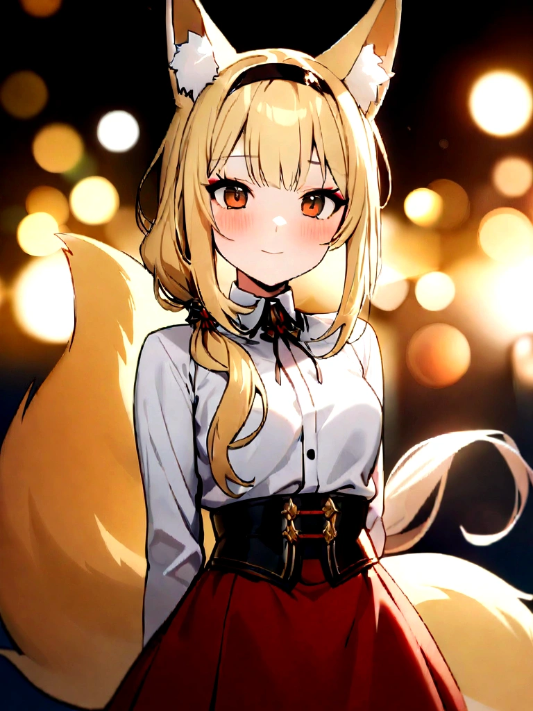 (masterpiece, best quality) junior,detailed, (beautiful,small breasts), blonde,long hair, side ponytail(tied to the left),Hairpin decoration with gold butterfly, elegant, (fox ears),nine tailed fox tail, red eyeshadow, golden eyes, femur,dark night sky,Alley background,girl,yandere eyes,bloody face,bloody clothes(white shirt),free,Bloody(blood on fullbody),holding a sword hilt,bloody dagger(knife),evil smile
