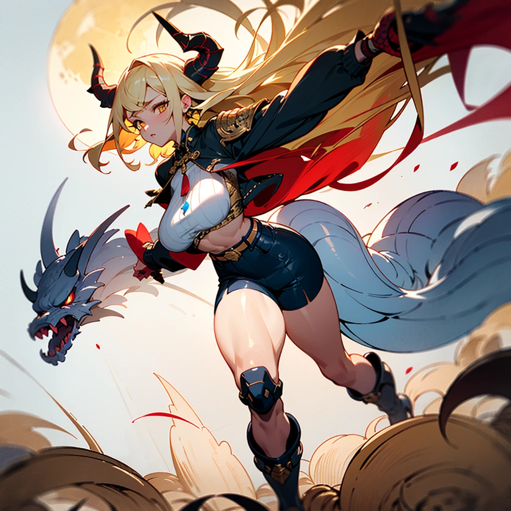 ((best quality)), ((masterpiece)), (detailed), 1girl, 8k_wallpaper, extremely detailed eyes, extremely detailed body, (large masterpiece digital art), ((perfect anatomy huge chest)), (intricate details:1.3 ), (ultra-detailed:1.3), (sharp focus:1.3), (natural lighting:1.05), (vivid colors:1.3), (best quality:1.4), high quality, expressive eyes, full body, tall girl, detailed face, beautiful face, perfect face, detailed ((blonde hair)), (gold eyes), ((big red horns)), {{dark skin}}, ({dark skinned female}), gigantic breasts, thick thighs, strong arm and leg muscles, strong abdominal muscles, Monster women, Korean woman with tattoos yakuza, (large red and blue horns), ({yakuza tattoo Yerin}), yakuza tattoo Yoko, Tattoo master Yerin, {{female mamone with a large and long tail covered with dragon scales}}, (long tentacles growing from her back), wearing a modern short black cloth jacket with rolled up sleeves, (wearing heavy gold colored steel armor), a wide red leather belt with blue steel yarn, steel boots, steel thigh guards, running under by the light of the moon through the forest with long daggers in hands against a background of blooming flowers and grass with tall trees,