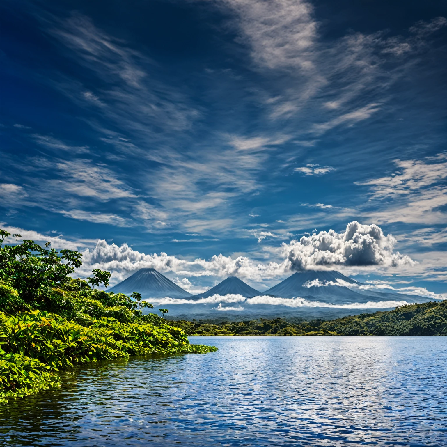 Summer sky,((Painterly style), Realistic, highly Realistic, Attention to detail, breathtakingly Realistic, High contrast realism, High Saturation Realism, Vibrant colors),
(Lake in Costa Rica,South American plants,Mountains visible in the distance々:1.3),Clouds go,
Dramatic lighting, Fascinating landscape, Persuasive storytelling, Atmospheric scene, Captivating visuals, Intricate details, Strong emotions, Heavenly Beauty, A dreamlike world