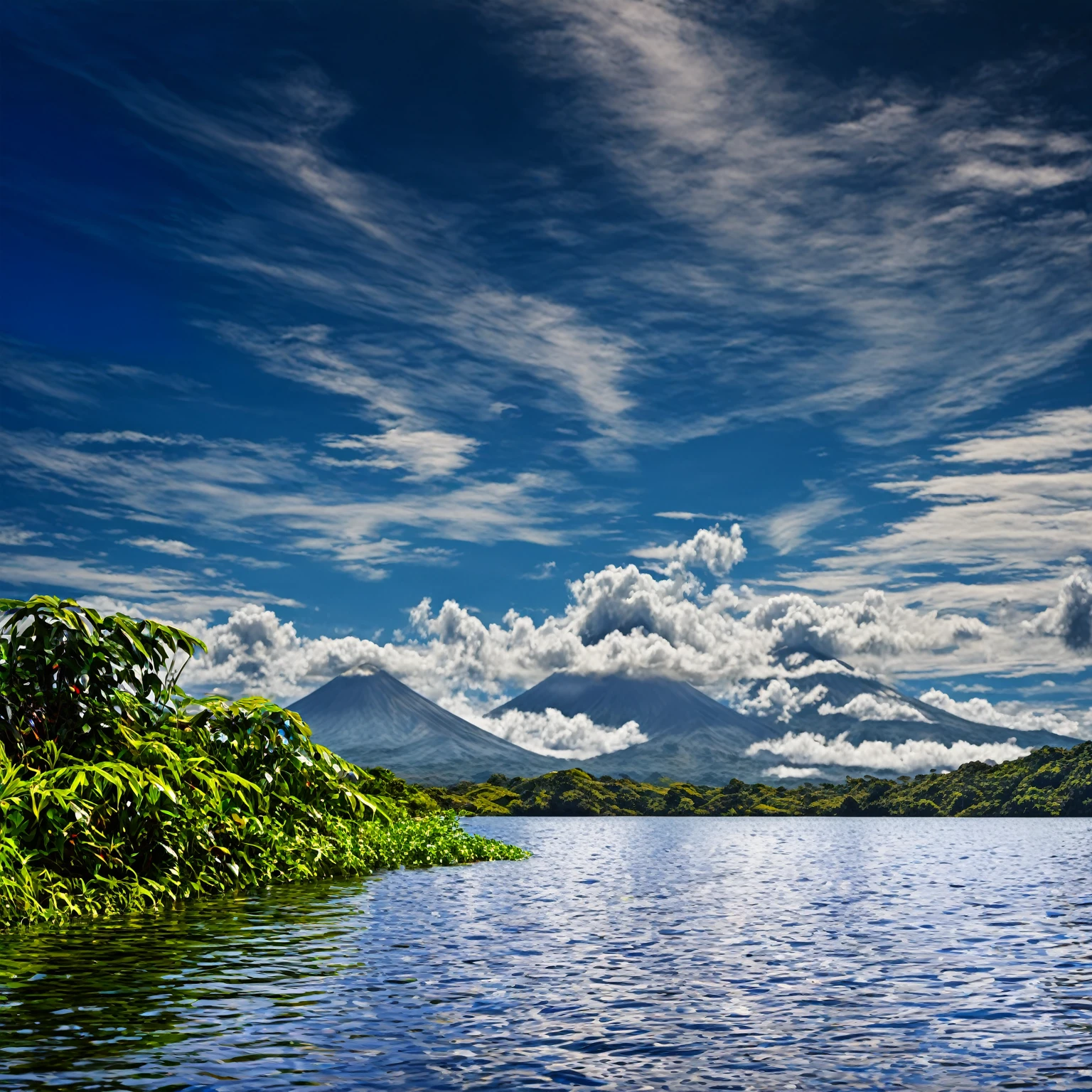 Summer sky,((Painterly style), Realistic, highly Realistic, Attention to detail, breathtakingly Realistic, High contrast realism, High Saturation Realism, Vibrant colors),
(Lake in Costa Rica,South American plants,Mountains visible in the distance々:1.3),Clouds go,
Dramatic lighting, Fascinating landscape, Persuasive storytelling, Atmospheric scene, Captivating visuals, Intricate details, Strong emotions, Heavenly Beauty, A dreamlike world