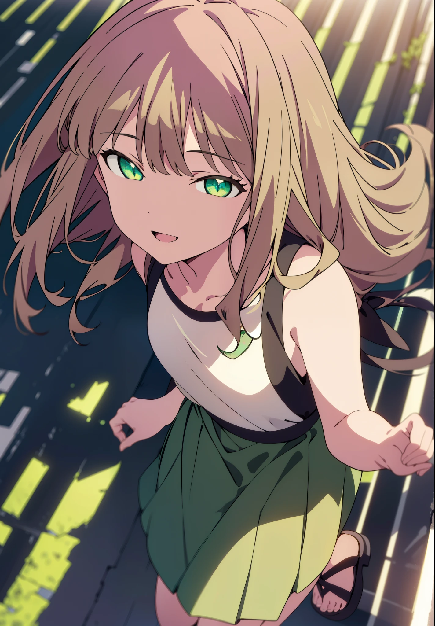 minami yume ,sss Dynazenon ,Long Hair, Brown Hair, (Green Eyes:1.5) ,Center of chest,hair band,ponytail,happy smile, smile, Open your mouth, Blue sleeveless dress,Long skirt,Cute heeled sandals,whole bodyがイラストに入るように,Daytime,Clear skies,Walking,
break looking at viewer, whole body,
break outdoors, Building district,
break (masterpiece:1.2), Highest quality, High resolution, unity 8k wallpaper, (shape:0.8), (Beautiful and beautiful eyes:1.6), Highly detailed face, Perfect lighting, Highly detailed CG, (Perfect hands, Perfect Anatomy),