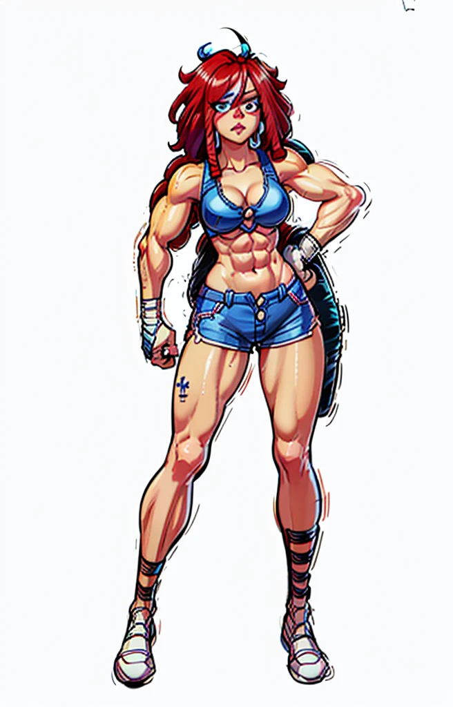 ((My Hero Academia Style)), (Simple background), ((1girl)), (((High resolution)))), ((solo)), (white backgrounid:1.3), (((A strong and confident girl))), ((((Ragatha)))), (((The Amazing Digital Circus))), (((is wearing boxing gloves black and flexing her biceps))), ((((she wears black sports bra and shorts)))), (((the biceps on her arms are flexed))), ((((Her lips are slightly parted)))), ((((wearing boxing gloves black)))), ((((flexing her biceps)))), (((hands on hips))), ((((perfect anatomy)))), ((((perfect hands)))), ((((perfect face)))), ((((super detailed)))), ((((photo of full body:1.5)))), ((((wide thighs)))), ((((toned thighs)))), ((((wide hips)))), ((((toned hips)))), ((((toned calves)))), ((((Marked muscles)))), ((((toned body)))), ((((Abs)))), ((((marked abdomen)))), ((((exposed abdomen)))), ((((Bare legs)))), ((((ragdoll skin)))), ((((ragdoll seams)))), ((((ragdoll body)))), ((((redhead curls))), (((curls))), (((redhead))), (((blue button right patch))), (((right button patch))), (((blue right patch))), ((((blue button patch))), (((patch))), ((blue button)), (((sexy posture))), (((medium breasts))), (((broad shoulders))), (((Amazon body))),