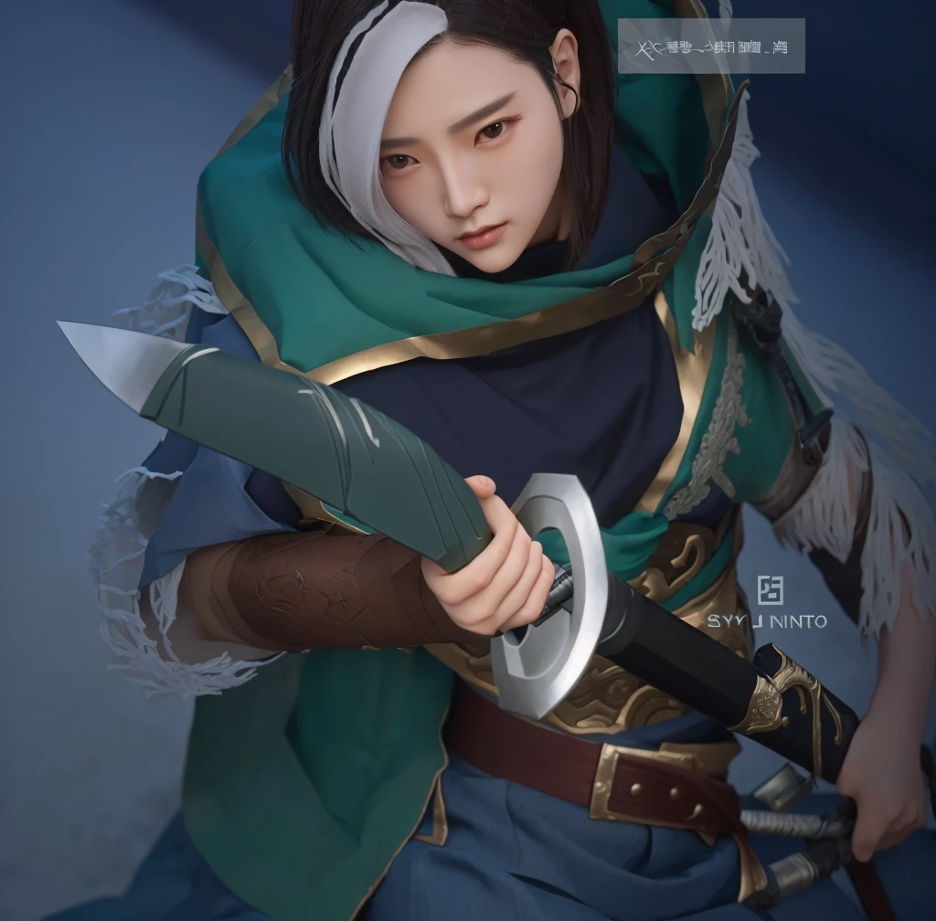 1 girl, a close up of a person holding a knife and a sword, xianxia hero, sylas, inspired by Huang Shen, style of kieran yanner, ingame image, zhao yun, wild rift, tane skin, katarina, inspired by Shen Zhou, main character, inspired by Li Kan, katana zero video game character, inspired by Du Jin, realistic, ultra hd 