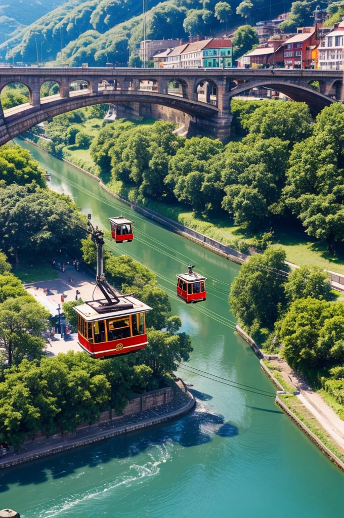 Butterfly holding a cable car and traveling along a river that is located in a heritage city