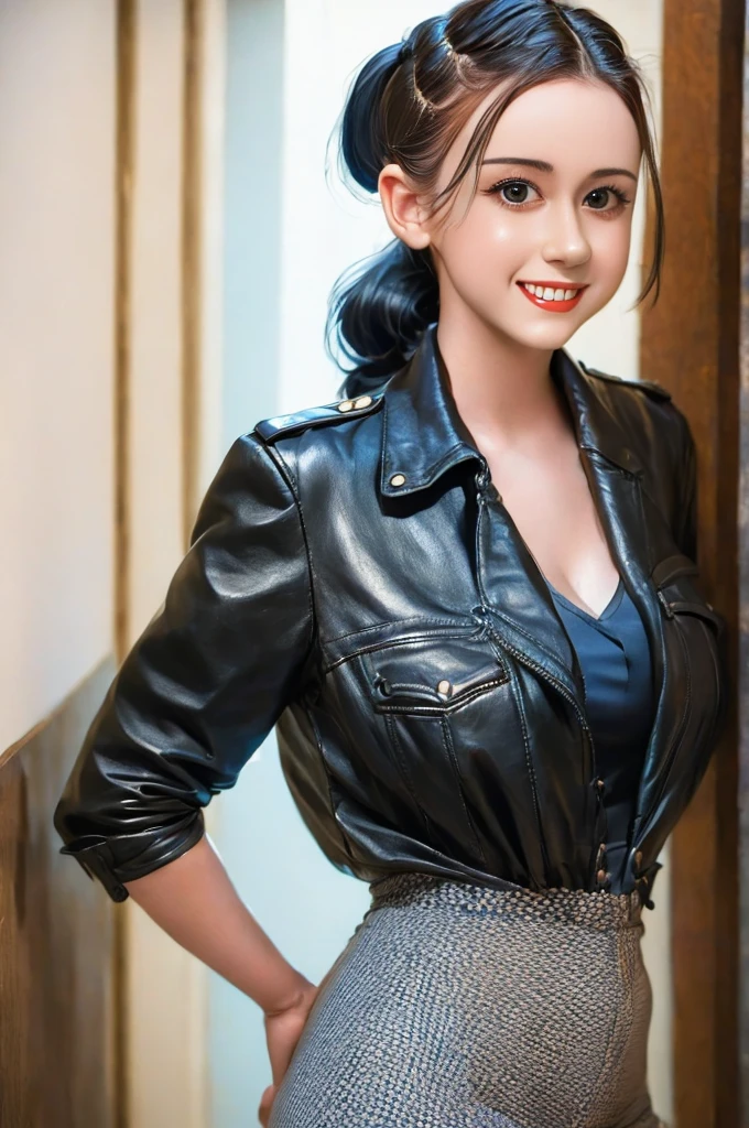 arafed photo of a woman with a ponytail and a jacket, in her early 20s, 1 9 4 0 s haircut, in her early 3 0, 1940s, 1 9 4 0 s, young dolly parton, ww2 era, by Albert Welti, circa 1940s, 1940's photography