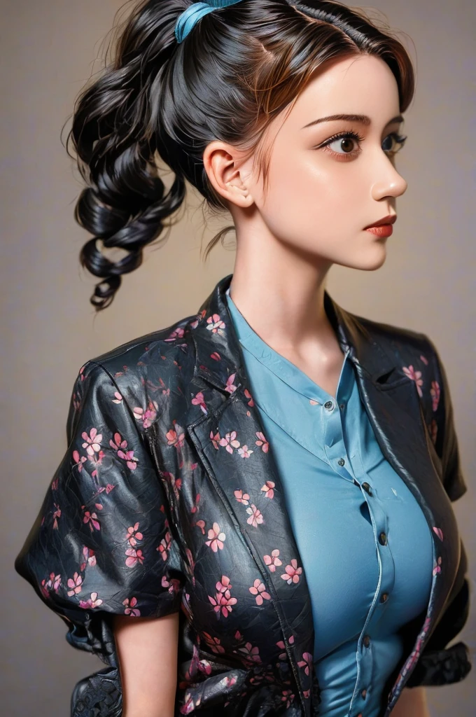 arafed photo of a woman with a ponytail and a jacket, a colorized photo by Albert Welti, flickr, op art, in her early 20s, 1 9 4 0 s haircut, in her early 3 0, 1940s, 1 9 4 0 s, young dolly parton, ww2 era, circa 1940s