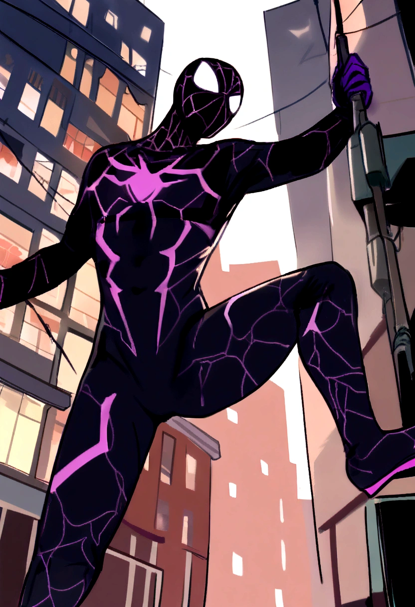 "(best qualityer,ultra detali,realisitic:1.37), Spiderman in symbiote suit swinging from building at night in city"