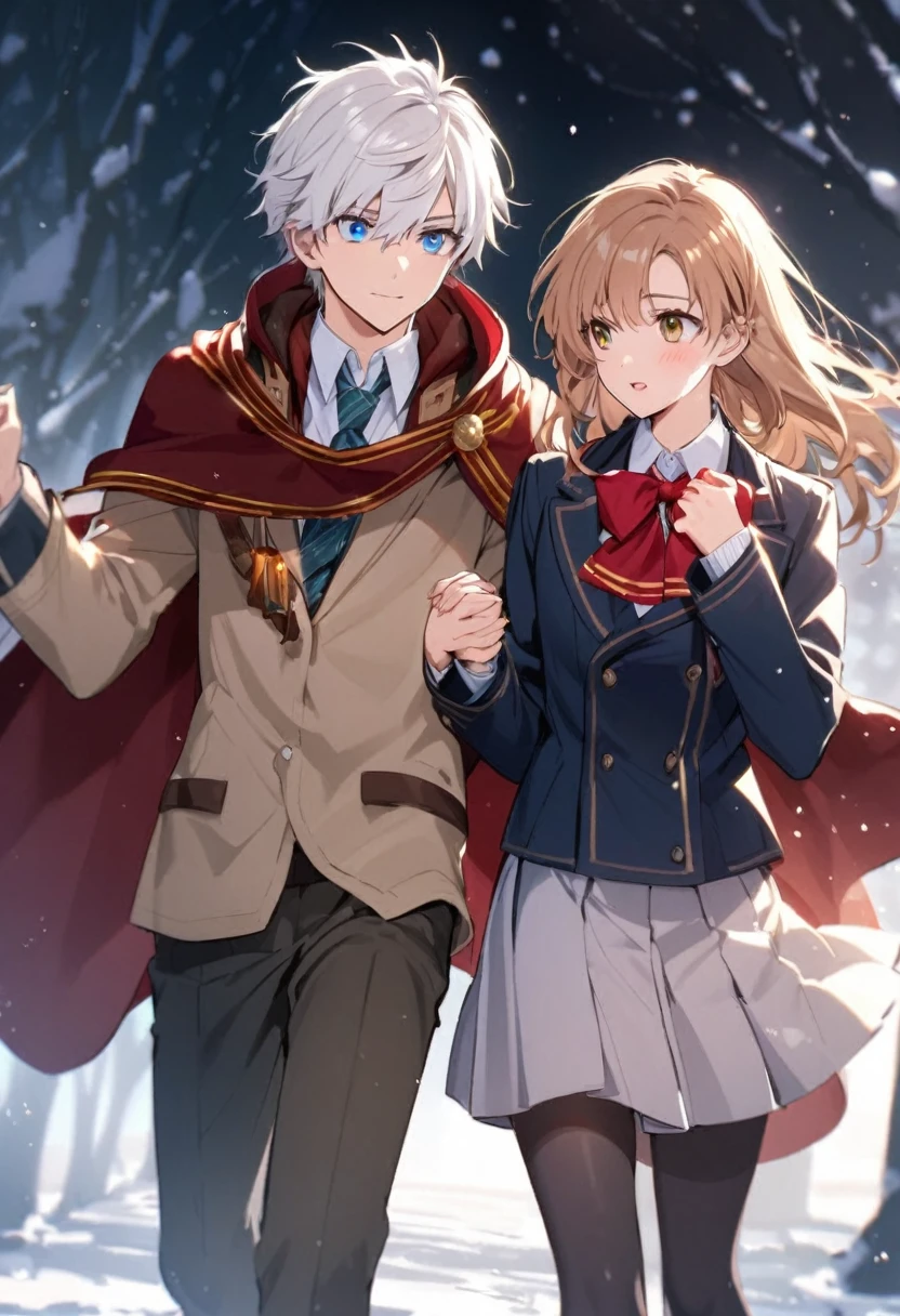 Teenage boy, White hair, blue eyes, school uniform and cape. With cold and noble appearance. Holding hands with Hermione Granger in 
