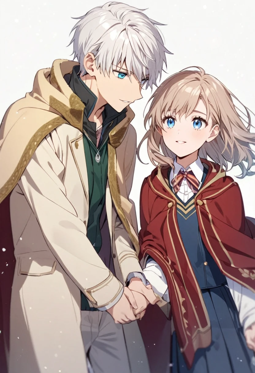 Teenage boy, White hair, blue eyes, school uniform and cape. With cold and noble appearance. Holding hands with Hermione Granger in