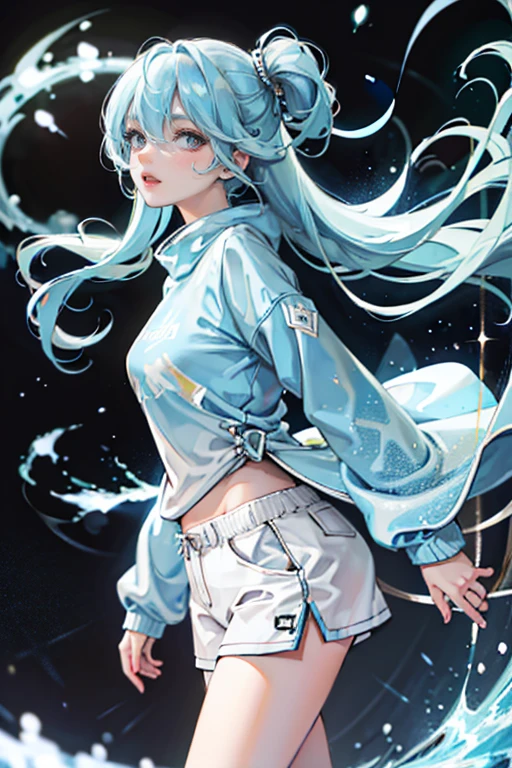 Girl, light blue hair, fashionable clothes, sweatshirt, highly detailed, lively, high resolution