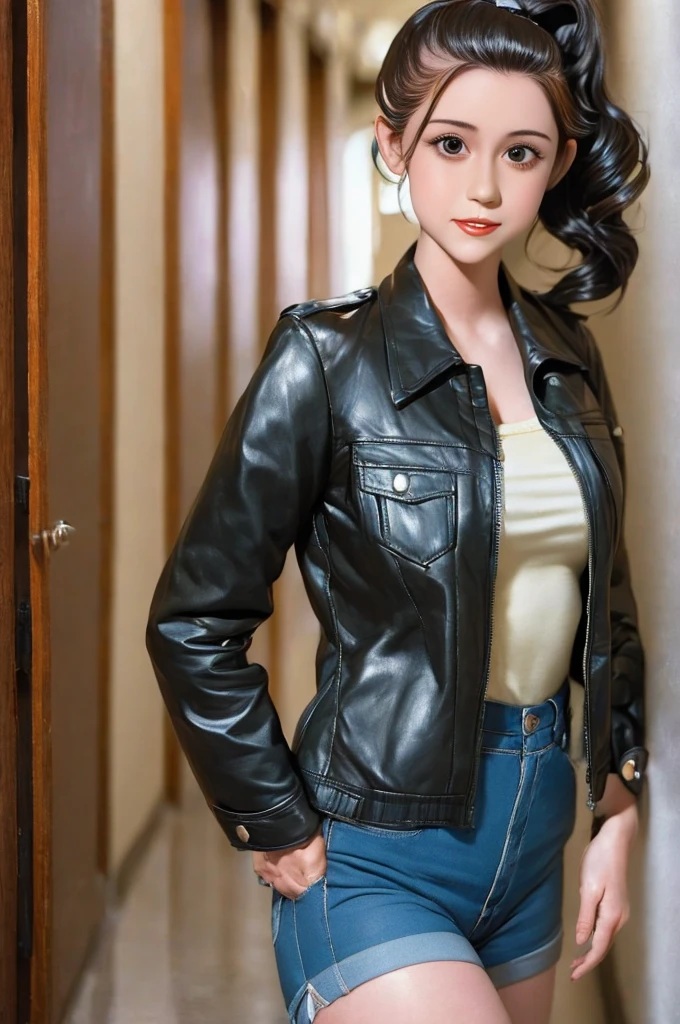 arafed photo of a woman with a ponytail and a jacket, in her early 20s, 1 9 4 0 s haircut, in her early 3 0, 1940s, 1 9 4 0 s, young dolly parton, ww2 era, by Albert Welti, circa 1940s, 1940's photography