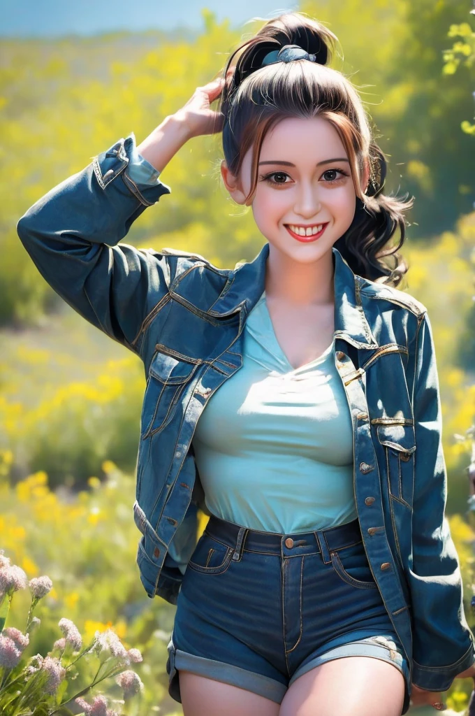 Draw the lips correctly, red lipstick, From the chest up, best quality, Extremely detailed, realistic, ผิวExtremely detailed, perfect anatomy, (Wide aperture, warm light,), (alone),Wear a dark red shirt.,short sleeve,Blue Jeans,black belt,Long hair in a ponytail flew up.,24-year-old woman,mature,Charming smile,outdoor background,stand,leg length,chubby,big breasts,stand up,full body shot