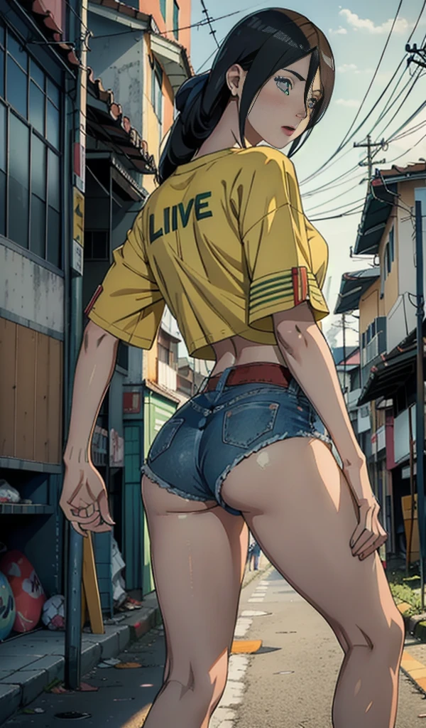 Hanabi Hyuga, very sensual, with funky Lacoste clothes, Oakley Juliet, Brazilian, In Rio de Janeiro city, brazil, dancing funk, rolling, big-ass, legs thick, wearing extremely short denim shorts, showing a piece of ass, Short Micro Shorts, wearing a mini blouse, umbigo com pirsing, sneakers Nike, longye hair, JBL speaker in the background, favela in the background, periphery in the background, fully body, very realistic, extremely lifelike, extremely sexy, 8K, 8K extremamente detalhado), (an extremely delicate and beautiful), (Masterpiece artwork), (best qualityer: 1.0), (ultra highres:1.0)