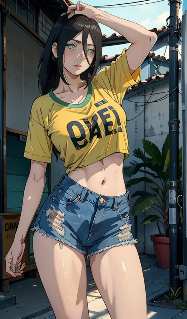 Hanabi Hyuga, very sensual, with funky Lacoste clothes, Oakley Juliet, Brazilian, In Rio de Janeiro city, brazil, dancing funk, rolling, big-ass, legs thick, wearing extremely short denim shorts, showing a piece of ass, Short Micro Shorts, wearing a mini blouse, umbigo com pirsing, sneakers Nike, longye hair, JBL speaker in the background, favela in the background, periphery in the background, fully body, very realistic, extremely lifelike, extremely sexy, 8K, 8K extremamente detalhado), (an extremely delicate and beautiful), (Masterpiece artwork), (best qualityer: 1.0), (ultra highres:1.0)