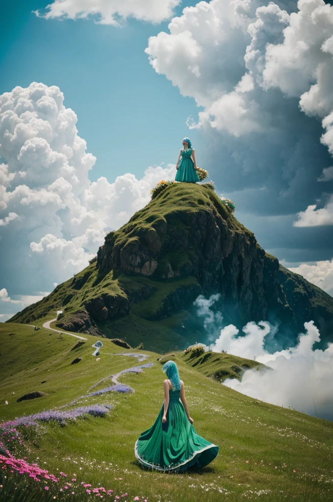 4 females. One green haired girl with a dress made of grass and flowers. One blue haired gir with a dress made of water. One white haired girl with a dress made of clouds. One girl with a dress made of fire