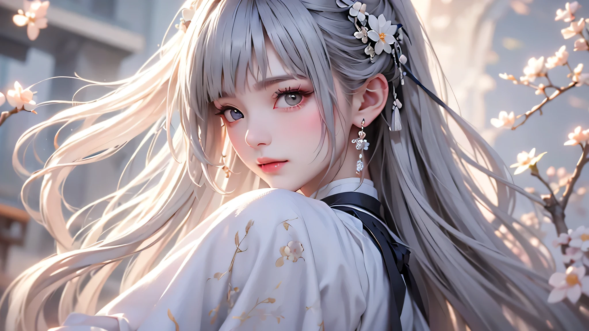 super high quality, masterpiece, Perfect illustration, Very detailed (Exquisite light and shadow, Very dramatic photo,Backlight) , ((Gray Hair:1.5))1 Girl,(( alone:1.6)), (Wearing Han clothes, Black and white Hanfu,Monotony,Long sleeve) Flower Field, Flowers, (White smoke:1.3) (Realistic:1.4), Zen Intertwining, Tangled, Official Art, unity 8k wallpaper, Very detailed, Beautiful and beautiful, masterpiece, Highest quality, (Dynamic Angle: 1.4), Glowing Skin, (Floating colorful flashes: 1) The most beautiful chaotic shapes, elegant, Brutalist Design, Bright colors, Romantic Depth of Field Exotic_dance, half_naked、(Expose your shoulders、Ample breasts、Beautiful cleavage)