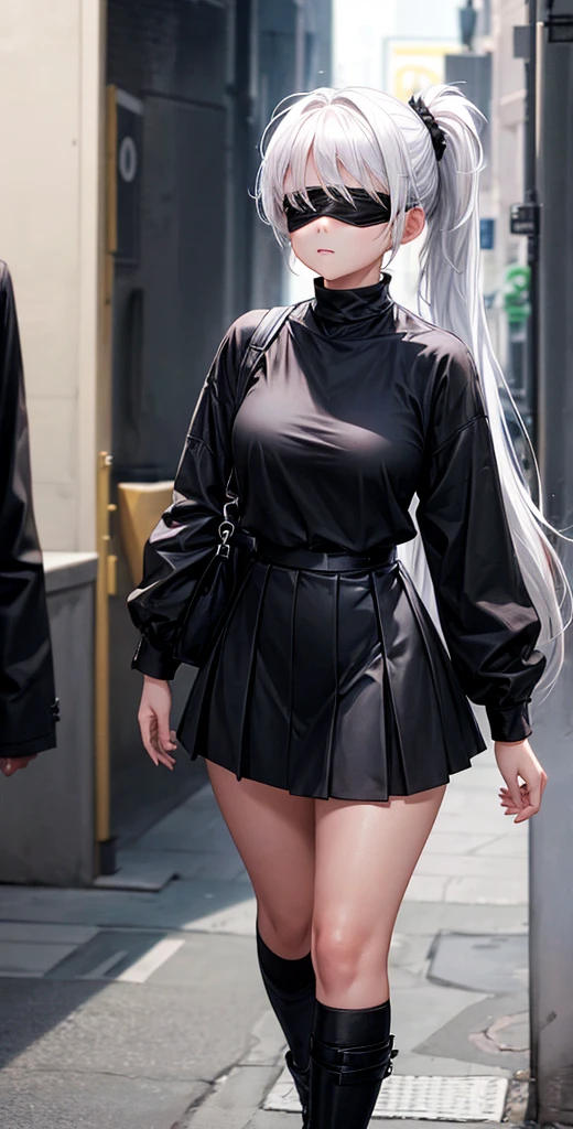 For a girl who has voluminous white hair tied in a ponytail, wears a black blindfold, Wearing black clothes and a sexy black skirt