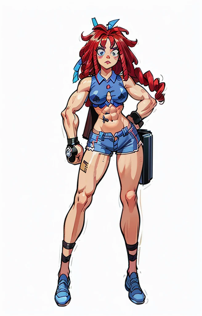 ((My Hero Academia Style)), (Simple background), ((1girl)), (((High resolution)))), ((solo)), (white backgrounid:1.3), (((A strong and confident girl))), ((((Ragatha)))), (((The Amazing Digital Circus))), (((is wearing boxing gloves black and flexing her biceps))), ((((she wears black sports bra and shorts)))), (((the biceps on her arms are flexed))), ((((Her lips are slightly parted)))), ((((wearing boxing gloves black)))), ((((flexing her biceps)))), (((hands on hips))), ((((perfect anatomy)))), ((((perfect hands)))), ((((perfect face)))), ((((super detailed)))), ((((photo of full body:1.5)))), ((((wide thighs)))), ((((toned thighs)))), ((((wide hips)))), ((((toned hips)))), ((((toned calves)))), ((((Marked muscles)))), ((((toned body)))), ((((Abs)))), ((((marked abdomen)))), ((((exposed abdomen)))), ((((Bare legs)))), ((((ragdoll skin)))), ((((ragdoll seams)))), ((((ragdoll body)))), ((((redhead curls))), (((curls))), (((redhead))), (((blue button right patch))), (((right button patch))), (((blue right patch))), ((((blue button patch))), (((patch))), ((blue button)), (((sexy posture))), (((medium breasts))), (((broad shoulders))), (((Amazon body))),