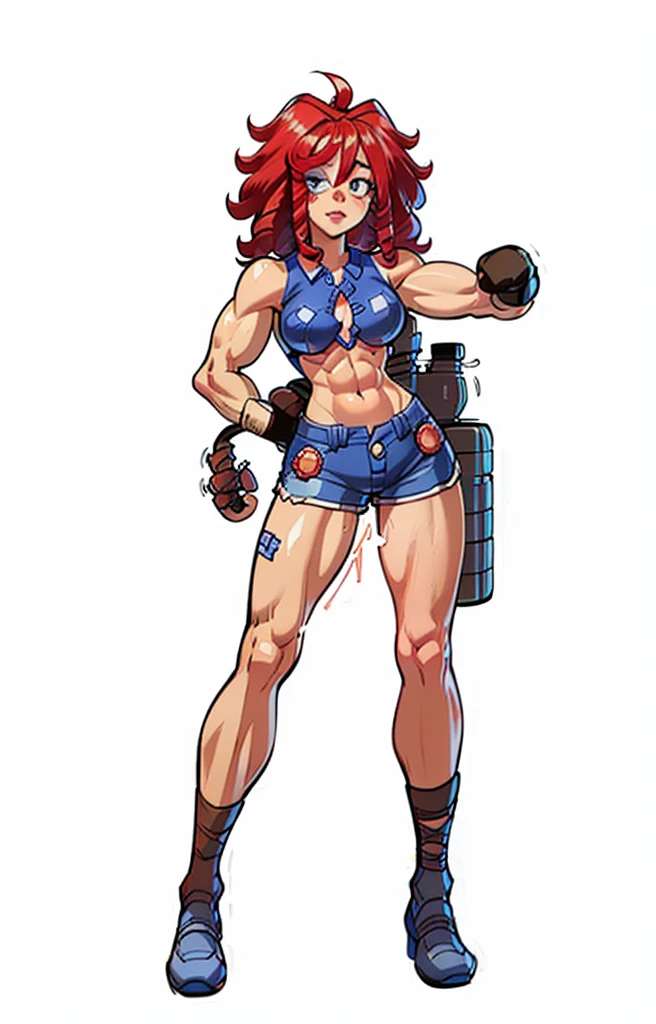 ((My Hero Academia Style)), (Simple background), ((1girl)), (((High resolution)))), ((solo)), (white backgrounid:1.3), (((A strong and confident girl))), ((((Ragatha)))), (((The Amazing Digital Circus))), (((is wearing boxing gloves black and flexing her biceps))), ((((she wears black sports bra and shorts)))), (((the biceps on her arms are flexed))), ((((Her lips are slightly parted)))), ((((wearing boxing gloves black)))), ((((flexing her biceps)))), (((hands on hips))), ((((perfect anatomy)))), ((((perfect hands)))), ((((perfect face)))), ((((super detailed)))), ((((photo of full body:1.5)))), ((((wide thighs)))), ((((toned thighs)))), ((((wide hips)))), ((((toned hips)))), ((((toned calves)))), ((((Marked muscles)))), ((((toned body)))), ((((Abs)))), ((((marked abdomen)))), ((((exposed abdomen)))), ((((Bare legs)))), ((((ragdoll skin)))), ((((ragdoll seams)))), ((((ragdoll body)))), ((((redhead curls))), (((curls))), (((redhead))), (((blue button right patch))), (((right button patch))), (((blue right patch))), ((((blue button patch))), (((patch))), ((blue button)), (((sexy posture))), (((medium breasts))), (((broad shoulders))), (((Amazon body))),