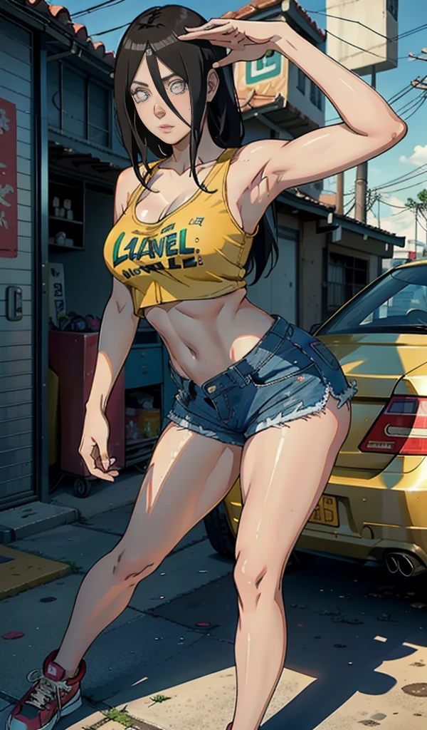 Hanabi Hyuga, very sensual, with funky Lacoste clothes, Oakley Juliet, Brazilian, In Rio de Janeiro city, brazil, dancing funk, rolling, big-ass, legs thick, wearing extremely short denim shorts, showing a piece of ass, Short Micro Shorts, wearing a mini blouse, umbigo com pirsing, sneakers Nike, longye hair, JBL speaker in the background, favela in the background, periphery in the background, fully body, very realistic, extremely lifelike, extremely sexy, 8K, 8K extremamente detalhado), (an extremely delicate and beautiful), (Masterpiece artwork), (best qualityer: 1.0), (ultra highres:1.0)
