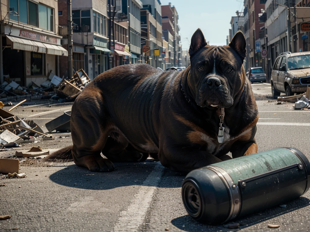 a human dog, de raza american bully, that this muscular, big and broad head, small, erect ears, showing skill, High quality image, very bright, in the middle of a destroyed and burning street, Pose 3/4, color style identical to kodak kodachrome, simulate the 1000 iso value of kodak kodachrome film, environment is from another planet, style the photo as if it were taken with an anamorphic lens,