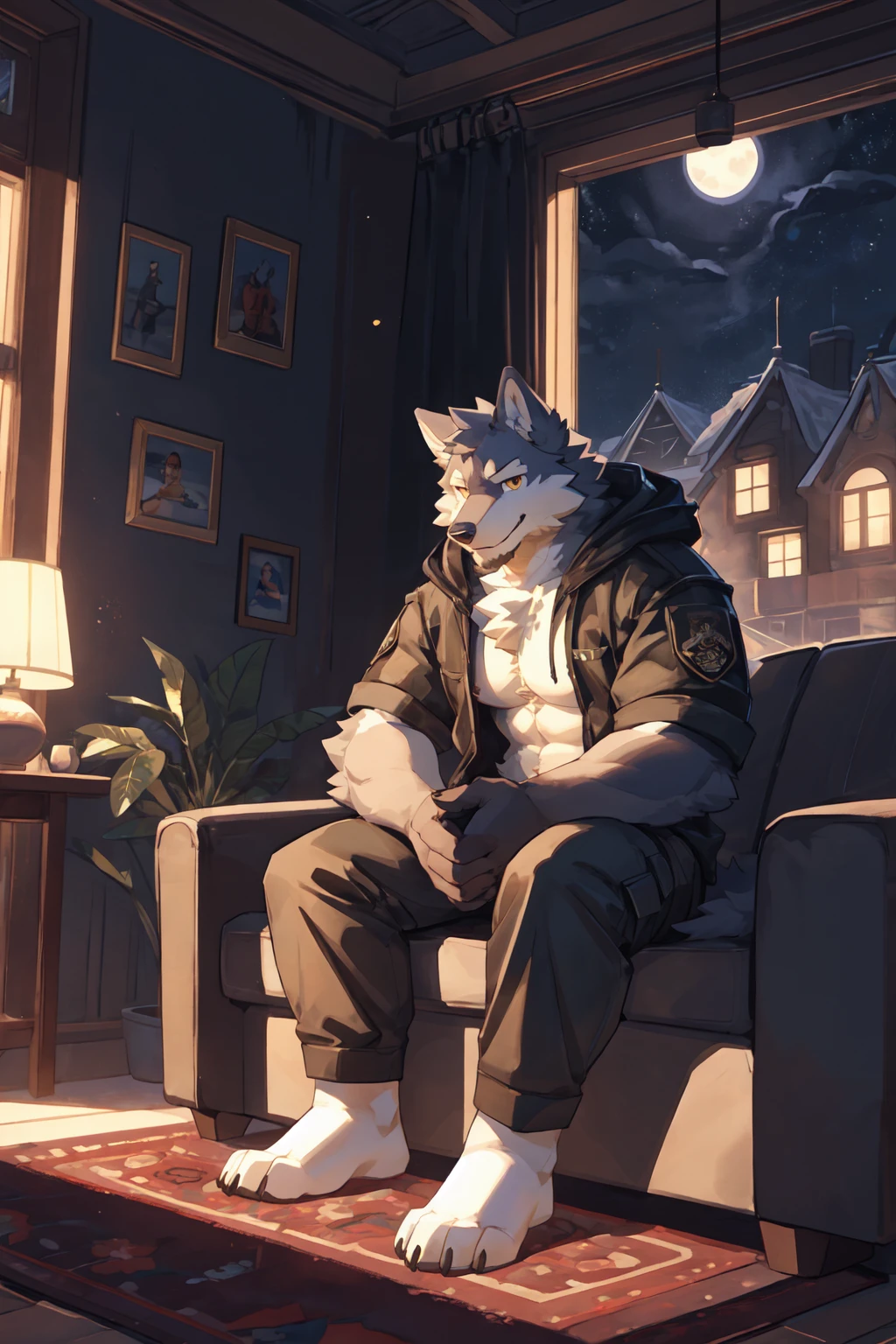 Best quality, Professional, Vivid Colors, full body, wolf, Muscular male, kemono, by bigcozyorca, Solo, grey Fur, white body, golden eyes, pectorals, (detailed face, detailed eyes:1.5), beard, open hoodie, cargo pants, white socks, sitting alone, sofa, indoor, smirk, night, dark moonlight, Ray tracing, detailed shadow, Tyndall effect, Fur carpet,