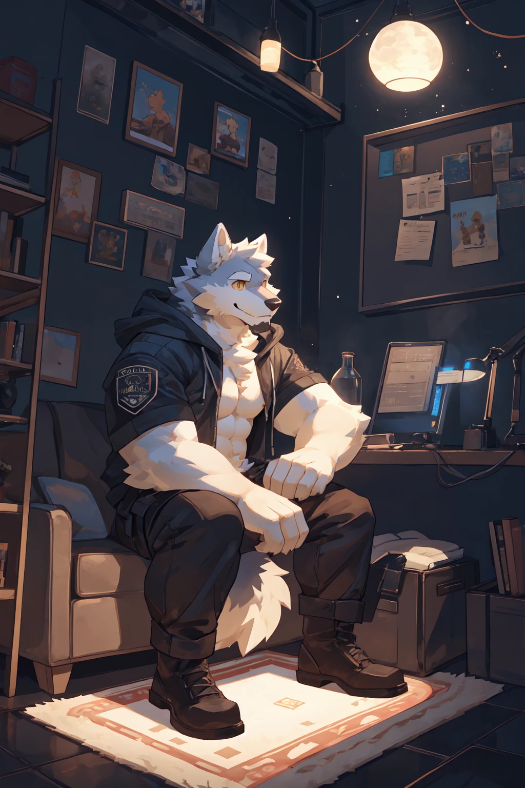 Best quality, Professional, Vivid Colors, full body, wolf, Muscular male, kemono, by bigcozyorca, Solo, grey Fur, white body, golden eyes, pectorals, (detailed face, detailed eyes:1.5), beard, open hoodie, cargo pants, white socks, sitting alone, sofa, indoor, smirk, night, dark moonlight, Ray tracing, detailed shadow, Tyndall effect, Fur carpet,