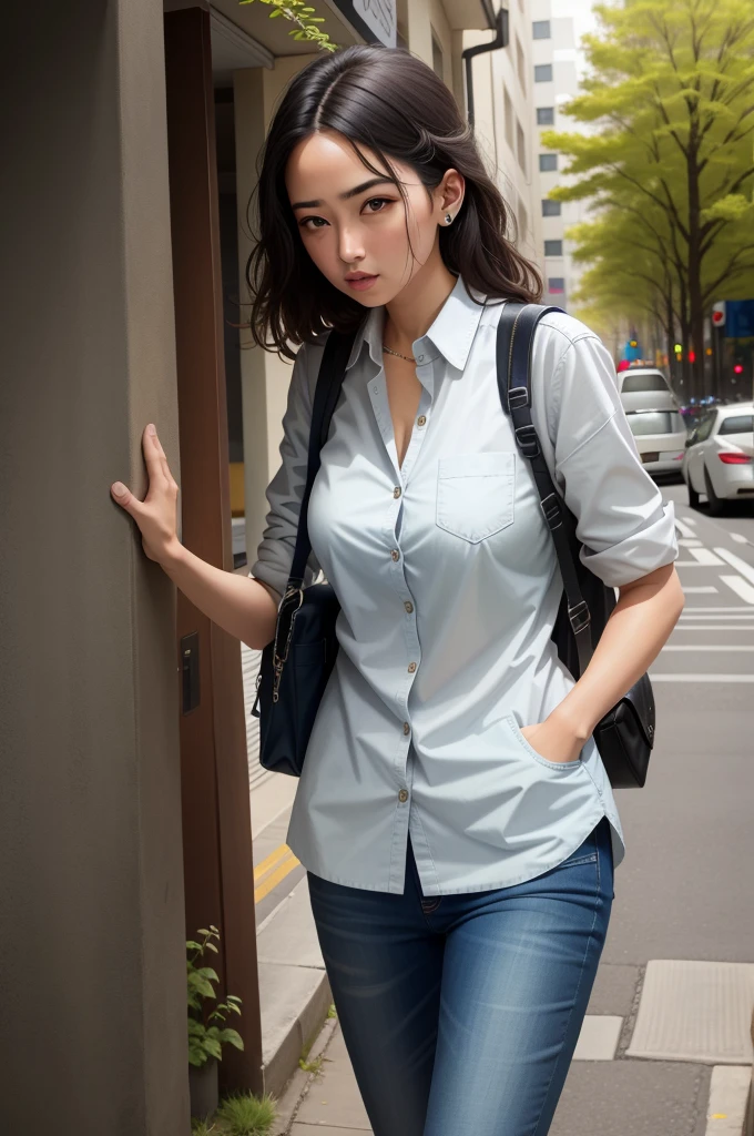 ((best quality)), ((masterpiece)), (detailed), perfect face, Arapé woman walking wearing dark blue shirt and blue denim skirt, She has a jiggly, fat, round belly, Wear simple, tight-fitting clothes, thin waist and thick hips, widest hips, soft curved shape, surreal full figure, full body