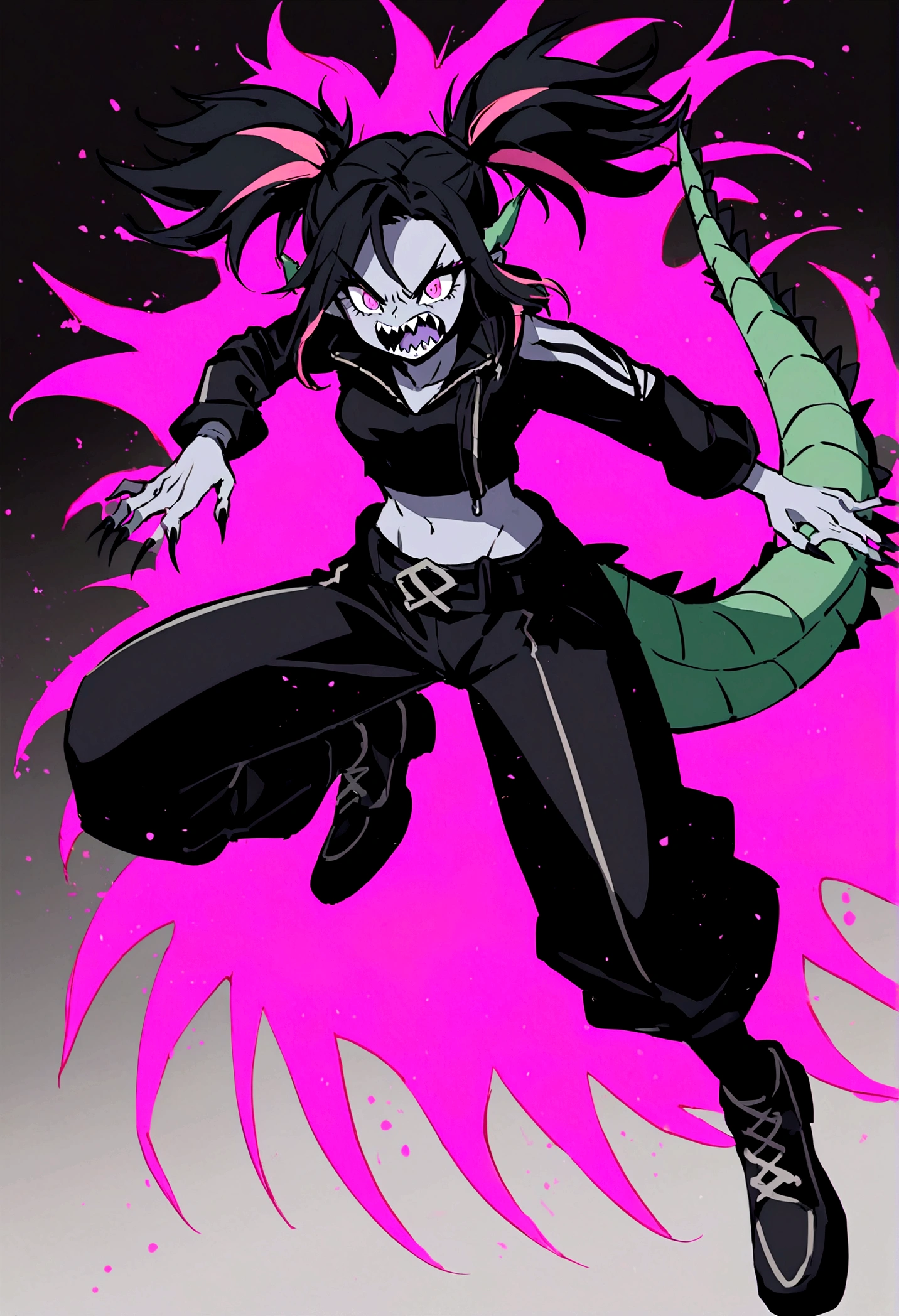 single female with grey skin, with black hair long twin tails style, with pink streaks, sharp teeth, black biker jacket, black crop top and black pants, dragon tail and dragon horns, full body, sharp nails