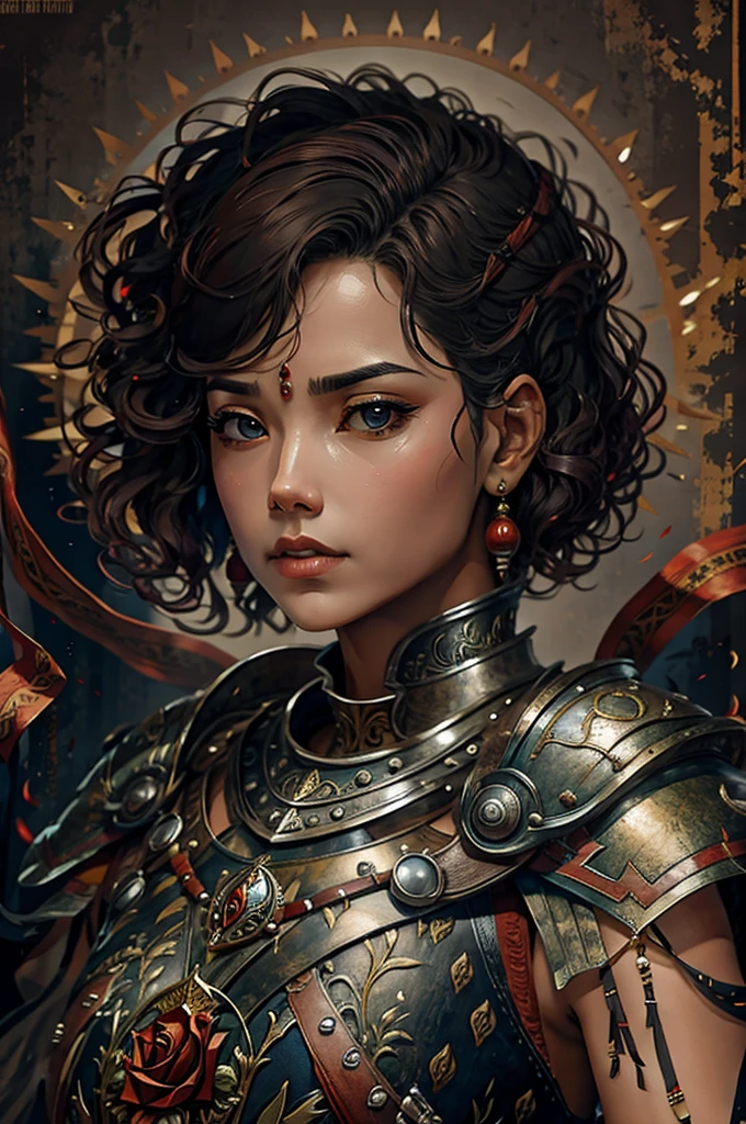 Short cropped hair 50-year-old woman in the  century Female battle scared warrior leader of the order of the scarlet rose, guilty conscious expression, determined facial expression. Black hair. Female.
