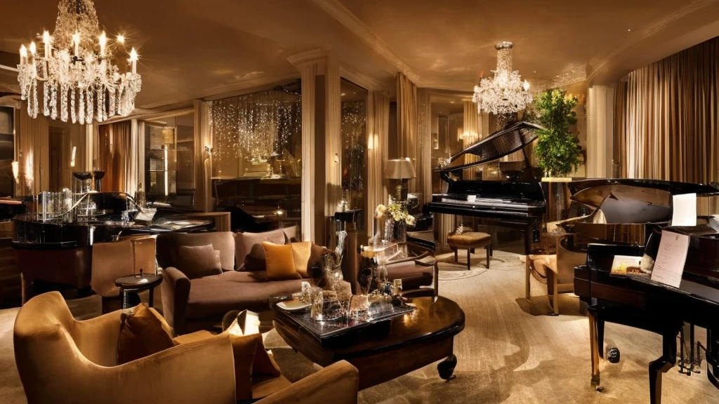 In this sophisticated, dim-lit, and cozy jazz lounge, the ambiance is set by the soft glow of one vintage chandelier hanging above a grand piano. The room is filled with the soothing melody of a lone pianist's fingers dancing on the ivory keys, creating an enchanting atmosphere. A plush velvet sofa and a low table near the fireplace invite guests to unwind as they enjoy a glass of champagne from a bottle chilling in an ice bucket. The warmth from the fireplace contrasts with the cool, rainy night outside, which can be viewed through the large window on the right side of the room. The raindrops shimmering against the city