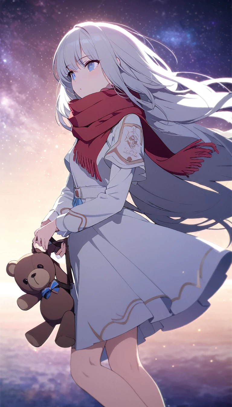 (((masterpiece))), (((best quality))),(((high detail))),light manipulation, girl with long silver hair, gradient purple to sky blue eyes, wearing a white dress, a red scarf, galaxy background, holding a teddy bear, feet, no footwear