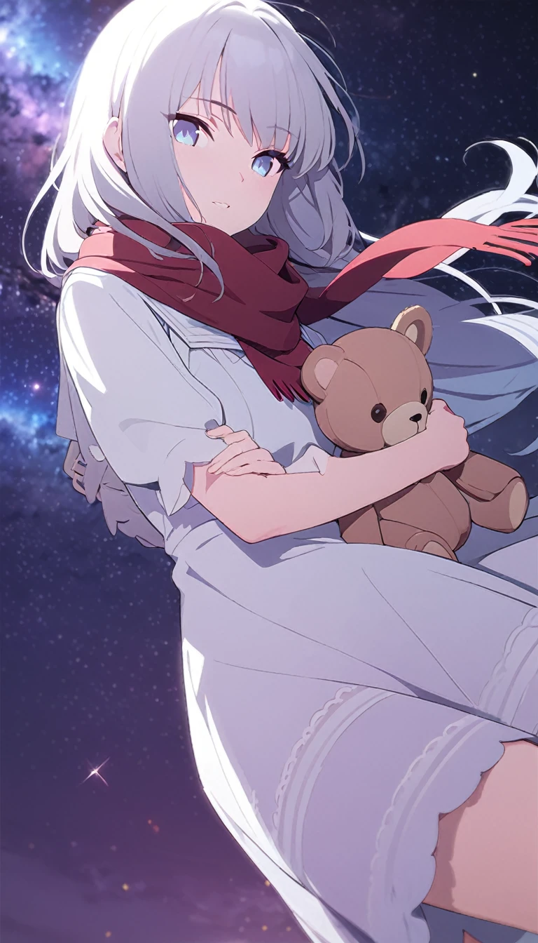 (((masterpiece))), (((best quality))),(((high detail))),light manipulation, girl with long silver hair, gradient purple to sky blue eyes, wearing a white dress, a red scarf, galaxy background, holding a teddy bear, feet, no footwear