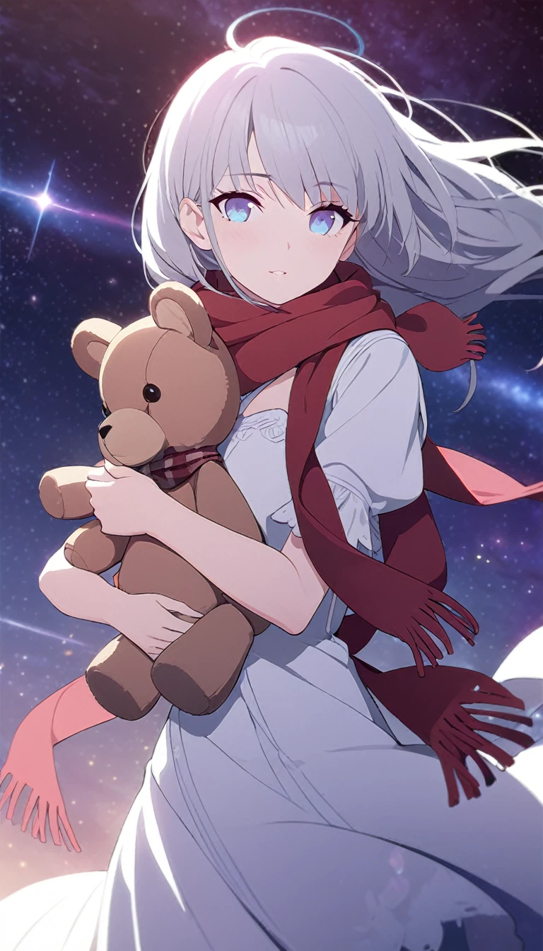 (((masterpiece))), (((best quality))),(((high detail))),light manipulation, girl with long silver hair, gradient purple to sky blue eyes, wearing a white dress, a red scarf, galaxy background, holding a teddy bear, feet, no footwear