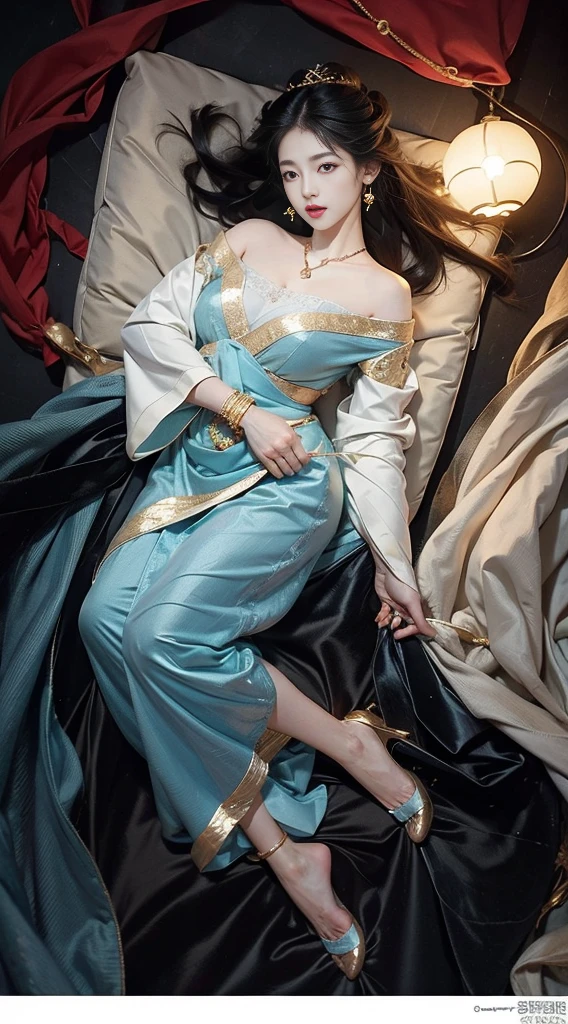 ((full body)), ((from above)), ((Satellite view)), ((Lying in bed)), clear face, pretty face, 8K, masterpiece, original photo, best quality, detail:1.2,lifelike, detail, Very detailed, CG, unified, wallpapers, depth of field, movie light, lens flare, Ray tracing, (extremely beautiful face, beautiful lips, beautiful eyes), intricate, detail face, ((ultra detailed skin)), 1 girl, in the darkness, deep shadow, beautiful korean girl, kpop idol,(Very slim figure:1.3), A plump chest, Large breasts, Slender sexy legs, Very nice legs, elegant posture, (bright smile), (City night, (neon lights), (night), beautiful korean girl, white diamond earrings, Diameter bracelet, Dia necklace, clear eyes, (big eyes)