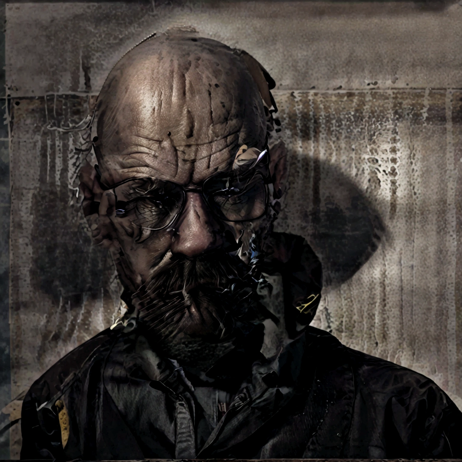 A gritty, high-contrast portrait of Walter White, the central character from the acclaimed TV series "Breaking Bad". Walter's intense, weathered face dominates the frame, with his piercing eyes and determined expression conveying a sense of the character's transformation from a mild-mannered chemistry teacher to a ruthless criminal mastermind. The lighting is dramatic, casting deep shadows and highlights that accentuate Walter's rugged features. The overall aesthetic is dark, moody and evocative of the show's tense, high-stakes drama. This would make for a compelling and visually striking movie poster or key art that captures the essence of this iconic television character.