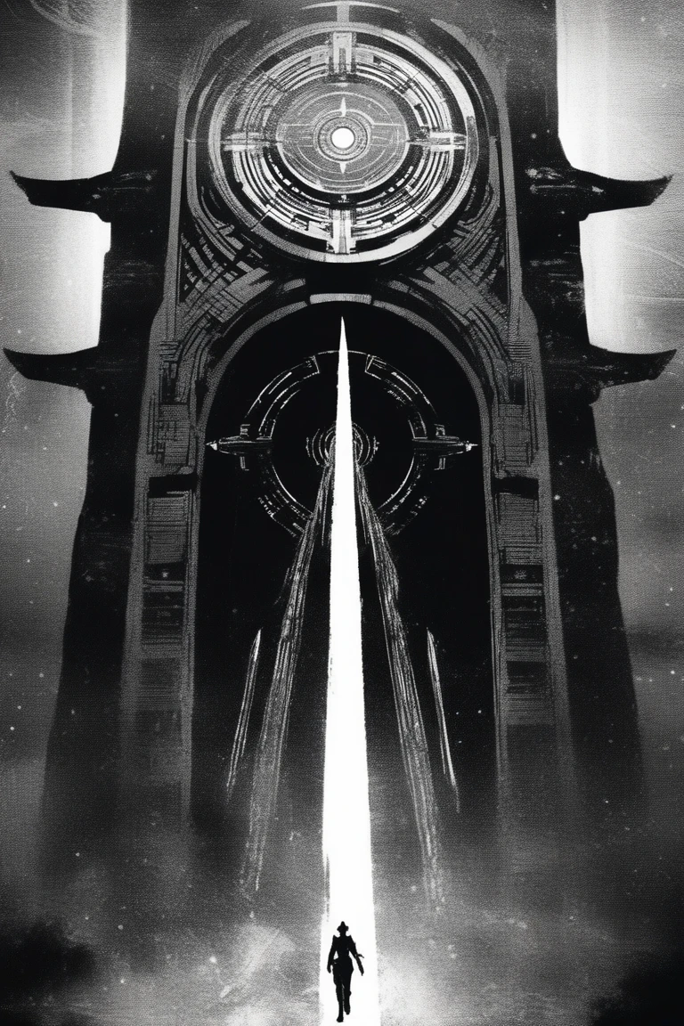 (best quality, sketch:1.2),realistic,illustrator, stargate, poster, textured cropping, masterpiece, style retro classic, noir style , Japanese style, ((monochrome))