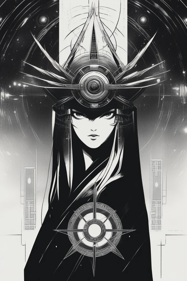 (best quality, sketch:1.2),realistic,illustrator, stargate, poster, textured cropping, masterpiece, style retro classic, noir style , Japanese style, ((monochrome))