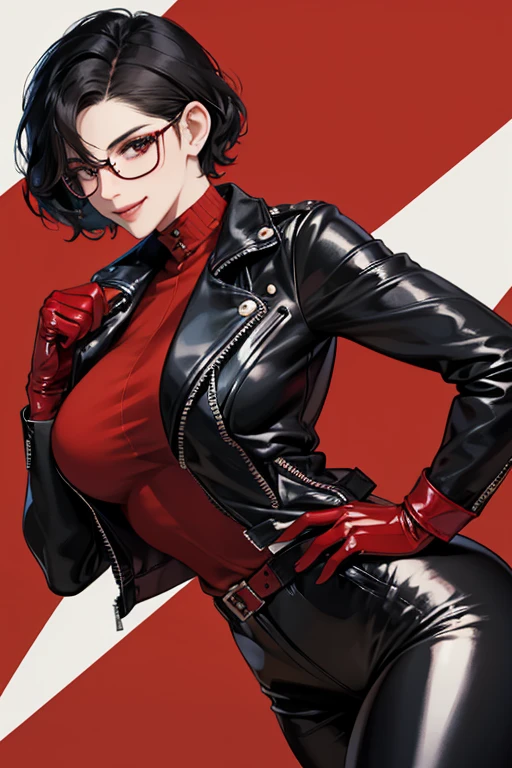 A mature woman with short black hair, a curly hairstyle, and glasses, wearing a black leather jacket, black patent leather leggings, and red patent leather gloves　smile　Love Hotel