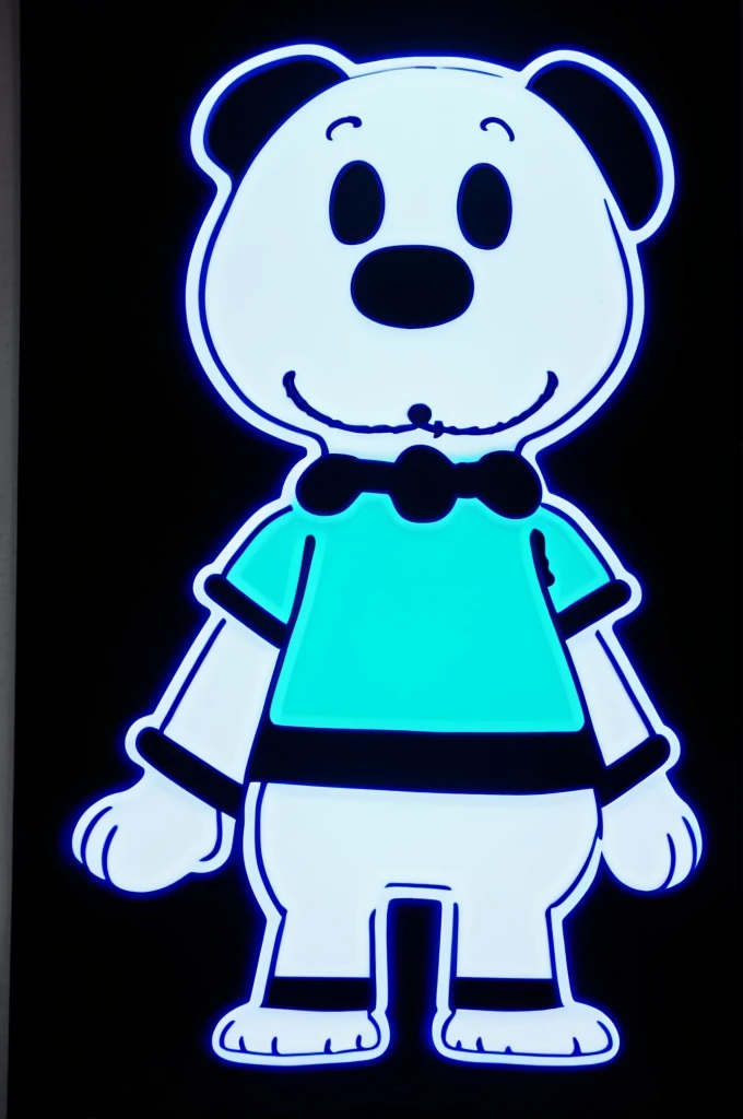 Snoopy in full body from the front with blue neon lights on the edges on the black background 
