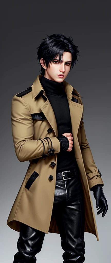 Final fantasy taste and reality graphics, Japanese young cute and cool ikemen boy, his age is early 20s, thin eyebrows and beady eyes, he wearing orange beige color double brest very thick trench coat, with a black color neck fur.,neck fur is black color, must black neck fur,
Must tighten your belt og coat, with epaulet, must close the front of the trench coat,, must trench coat cloth the front, also wearing black very thick turtleneck lackluster shirts, tight black leather pants, shiny black leather tight and must put on a thin leather glove both hands, black leather knee-high raceup boots,must views head-to-toe,must views whole body, boy looks like fashion model,Do not show skin from the neck down,leather jacket leather glove and leather pants have few wrinkles,boy in the room,,Avoid showing your innerwear,must close coats waist belt.
