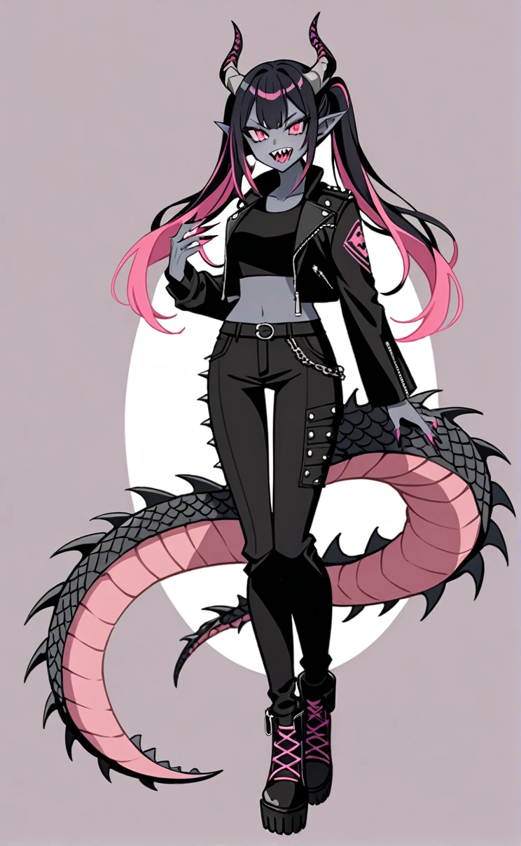 single female with grey skin, with black hair long twin tails style, with pink streaks, sharp teeth, black biker jacket, black crop top and black pants, dragon tail and dragon horns, full body, sharp nails
