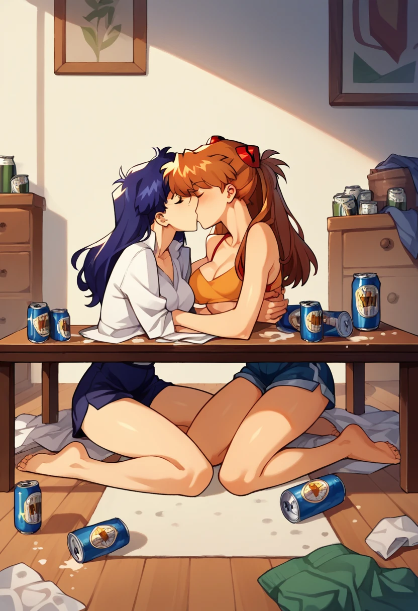 score_9, score_8_up, score_7_up, score_6_up, score_5_up, score_4_up, (source_anime), 2girls, evangellion, asuka langley (small breasts), katsuragi misato (big breasts), yuri, Messy apartment, full body, breast sucking, Table, beer cans, drunk, Junk on the floor, breast milk, Surprised, Low Illumination