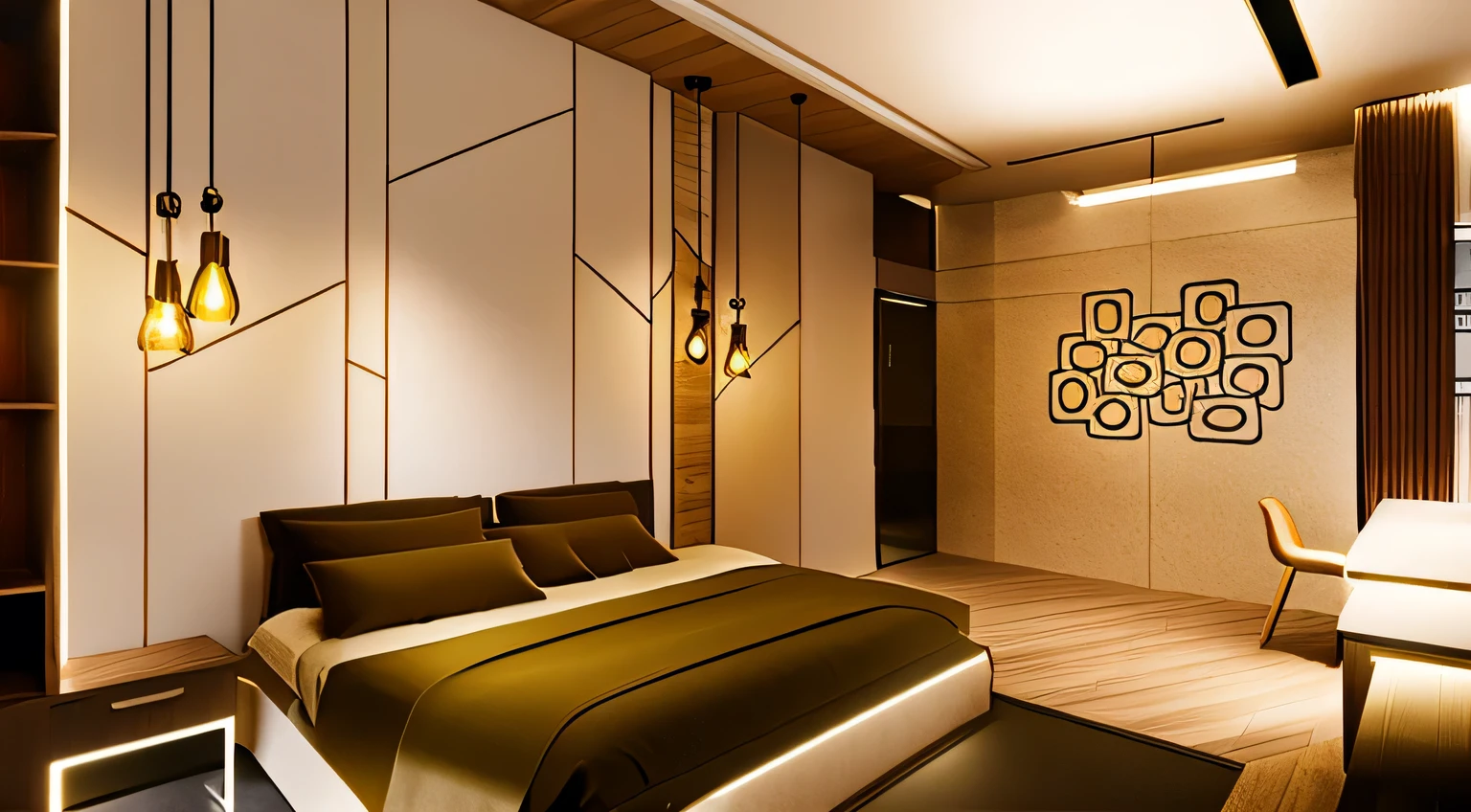 RAW photo, a bedroom in the style of modern style, exquisite craftsmanship, in natural rendering style, with simple lines and geometric shapes, clean design.The overall effect is peace and quiet, daylight, shadow, volumetric light, artistic light. station direction, studio photo, luxurious and spacious, beautiful, realistic, 8k uhd, morning