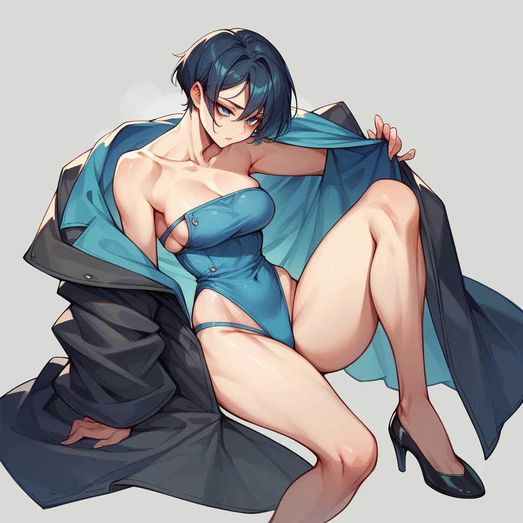 She wears a modern and sexy outfit.，Keep short hair，Has a delicate makeup，Thighs exposed，The shoulder slipped to one side，Large exposed shoulders，Showing off her charming collarbone and shoulders，Under the translucent coat，Revealing blue underwear。Wearing black high heels